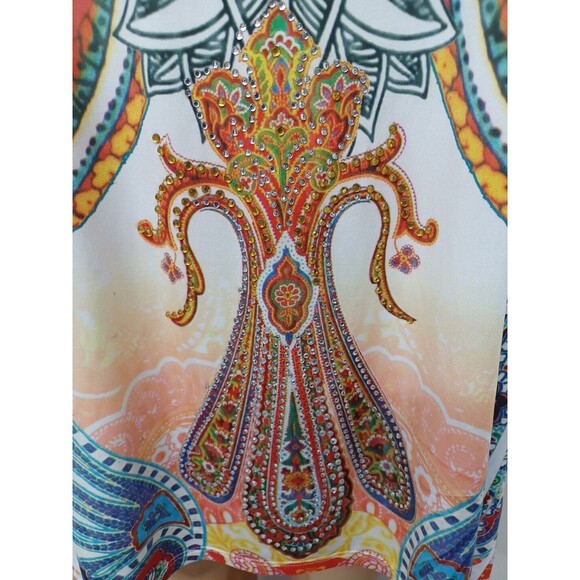 R. Roug Rhinestone Embellished Floral Paisley Top Bright Colorful Sharkbite 2X - Picture 3 of 11